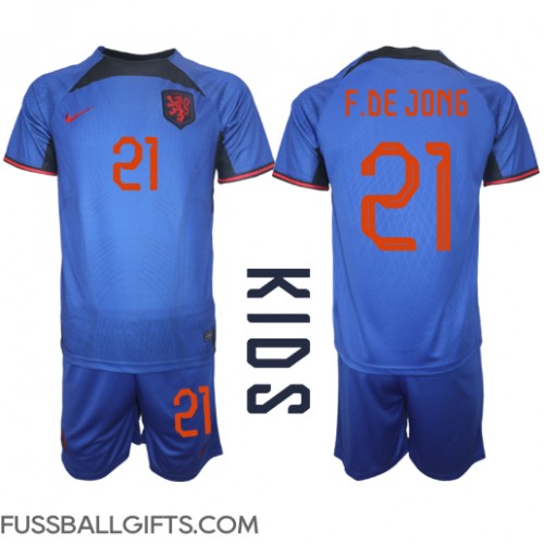 Niederlande Frenkie de Jong #21 Fußballbekleidung Auswärtstrikot Kinder WM 2022 Kurzarm (+ kurze hosen)